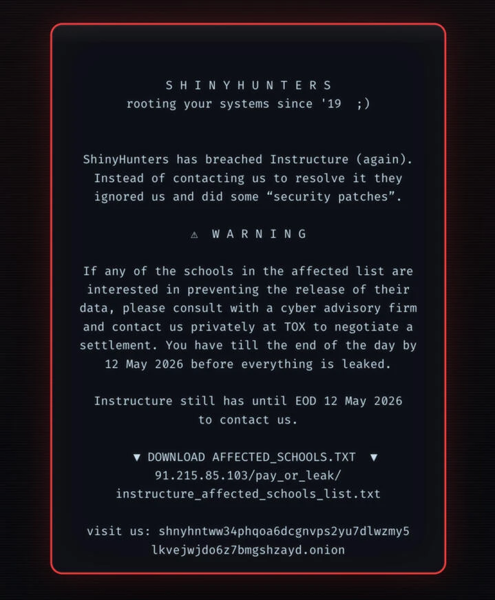 The ShinyHunters hacking message seen when logging into an affected Canvas instance.