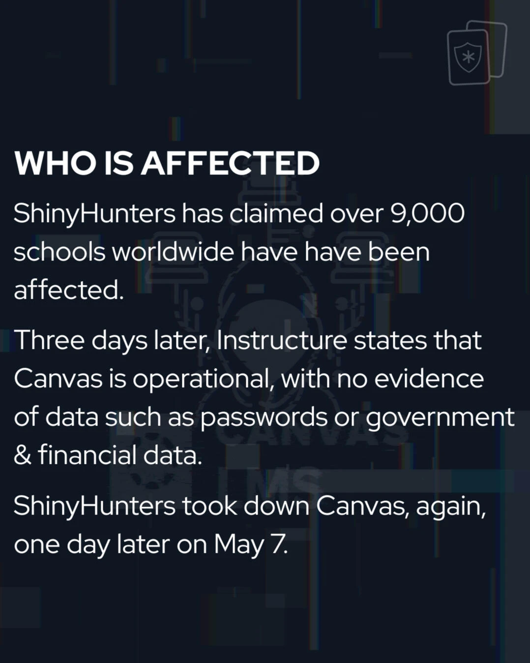 Carousel slide, Who is affected: ShinyHunters has claimed over 9,000 schools worldwide have been affected.