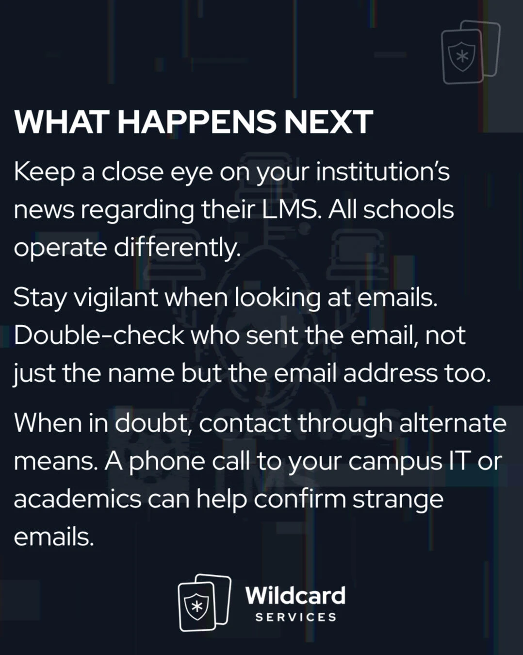 Carousel slide, What happens next: watch your institution's news, double-check who sent each email, and confirm strange emails through alternate means such as a phone call to campus IT.
